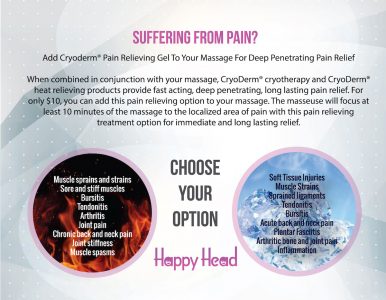 Promotional flyer for Happy Head Massage in San Diego offering CryoDerm® pain-relieving gel as an add-on to massages, highlighting benefits for muscle pain, joint pain, and inflammation.