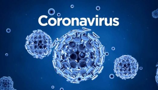 Blue 3D rendering of the coronavirus (COVID-19) particles on a dark blue background with the word 'Coronavirus' in bold white text.