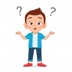 Illustration of a young boy with a confused expression, shrugging his shoulders with question marks above his head. He is wearing a blue shirt, white t-shirt, dark pants, and red shoes.