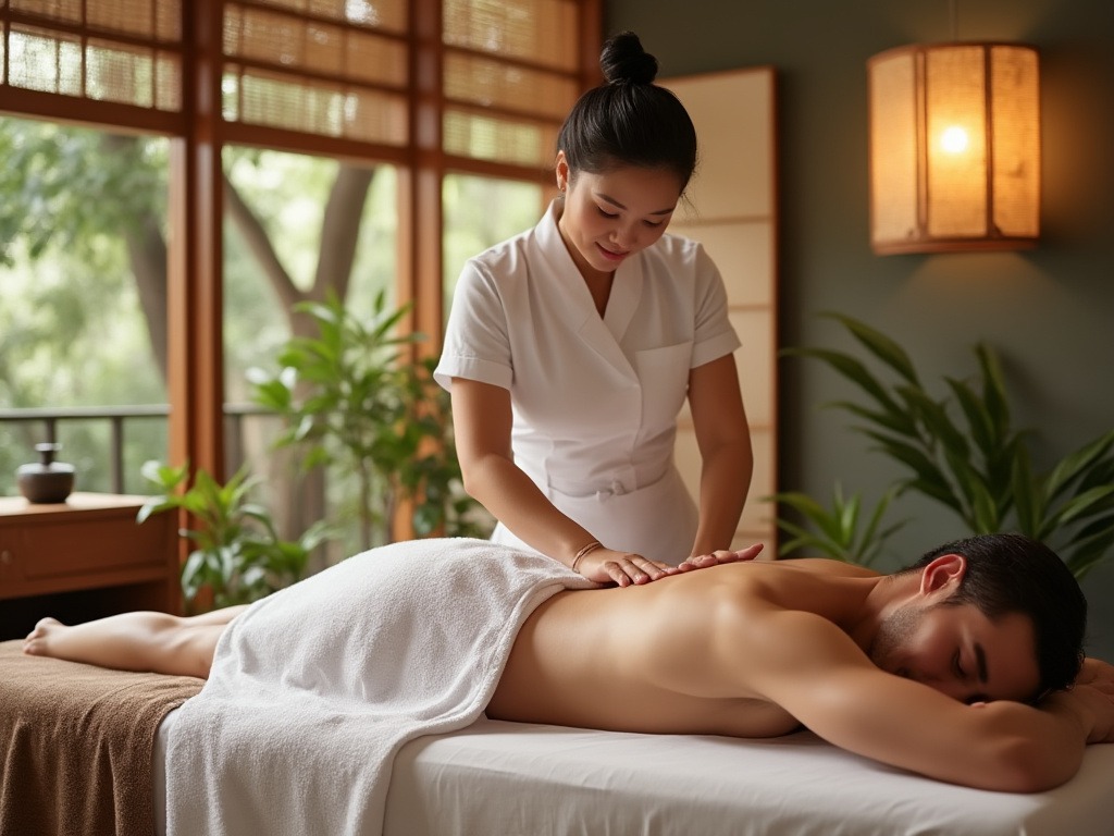 Serene Asian-inspired spa setting where a professionally dressed massage therapist is performing a Swedish massage for lymphatic drainage on a client lying face down on a massage table.