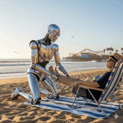 A metallic, humanoid robot kneels on the sandy beach, giving a foot massage to a person relaxing in a beach chair. In the background, the ocean meets the shore, and a pier stretches out over the water under a clear sky. This image captures a futuristic scene of relaxation and advanced technology.
