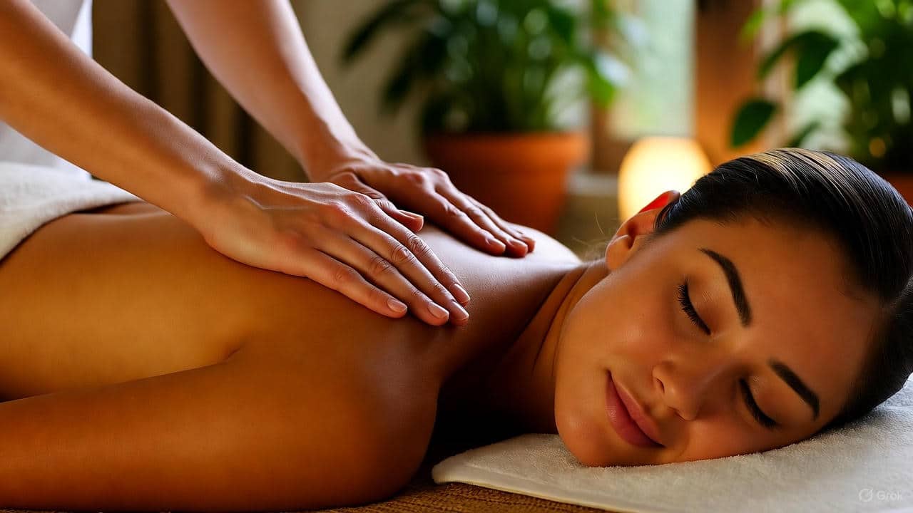 A tranquil spa massage: A therapist's hands gently press the shoulders of a relaxed, face-down client draped in white linens on a woven mat, surrounded by lush plants and soft lamp glow.