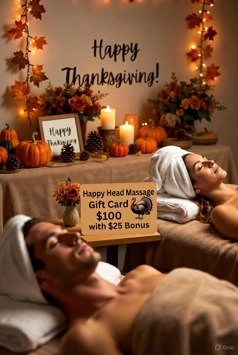 Happy Head Massage $100 + $25 FREE Thanksgiving 2025 gift card promotion in cozy San Diego spa with fall decor
