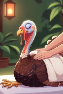 A cute cartoon turkey lies face-down on a massage table in a relaxing spa setting, eyes closed in pure bliss with a serene smile. A white towel is draped over its lower back for modesty, while two human hands gently massage its brown feathers. The turkey’s colorful head—bright blue skin, red wattle and snood hanging loosely, and yellow beak—glows under warm lantern light surrounded by lush green plants. A humorous and wholesome post-Thanksgiving vibe of total feathered relaxation.