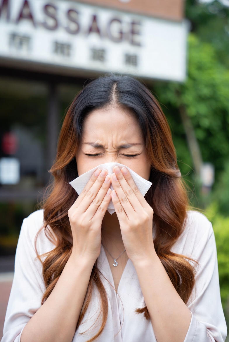Woman sneezing into a tissue outside a massage parlor, illustrating why you should not get a massage if you have a fever or cold symptoms