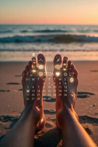 A close-up of bare feet on a sandy San Diego beach at sunrise, with glowing reflexology pressure points mapped like a treasure hunt (heart for love, brain for focus). Overlay subtle 2026 calendar icons fading into waves.