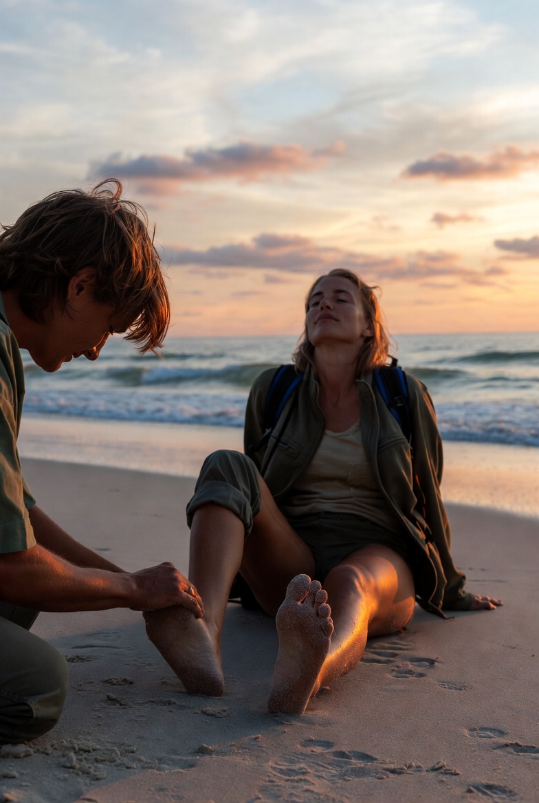 San Diego hiker or surfer relaxing with foot reflexology massage on beach at sunset