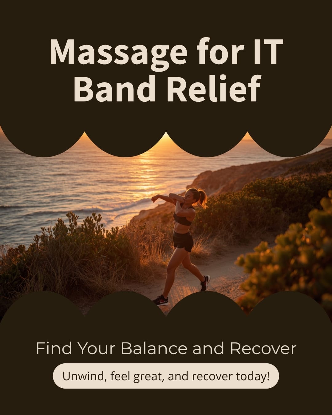 Massage for IT band syndrome in San Diego — runner stretching at golden hour on a coastal trail
