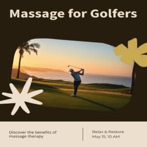 Massage for golfers in San Diego — golfer mid-swing on a sunny coastal-cliff fairway at golden hour
