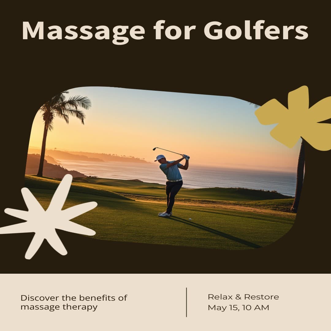 Massage for golfers in San Diego — golfer mid-swing on a sunny coastal-cliff fairway at golden hour