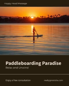 Massage for paddleboarders in San Diego — paddler gliding across calm San Diego bay water at golden hour