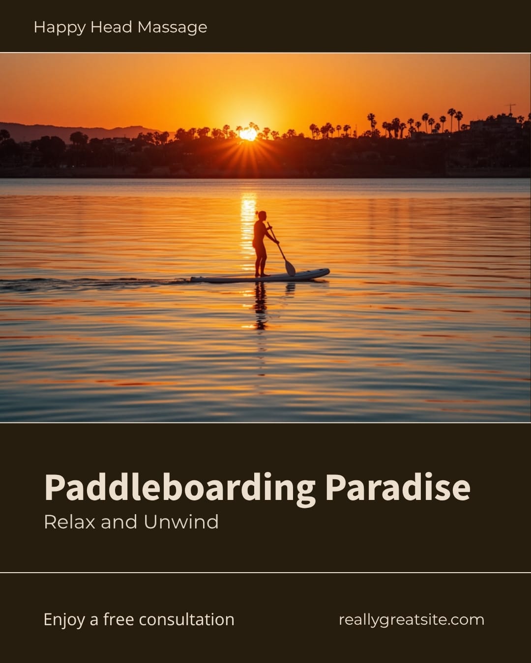 Massage for paddleboarders in San Diego — paddler gliding across calm San Diego bay water at golden hour