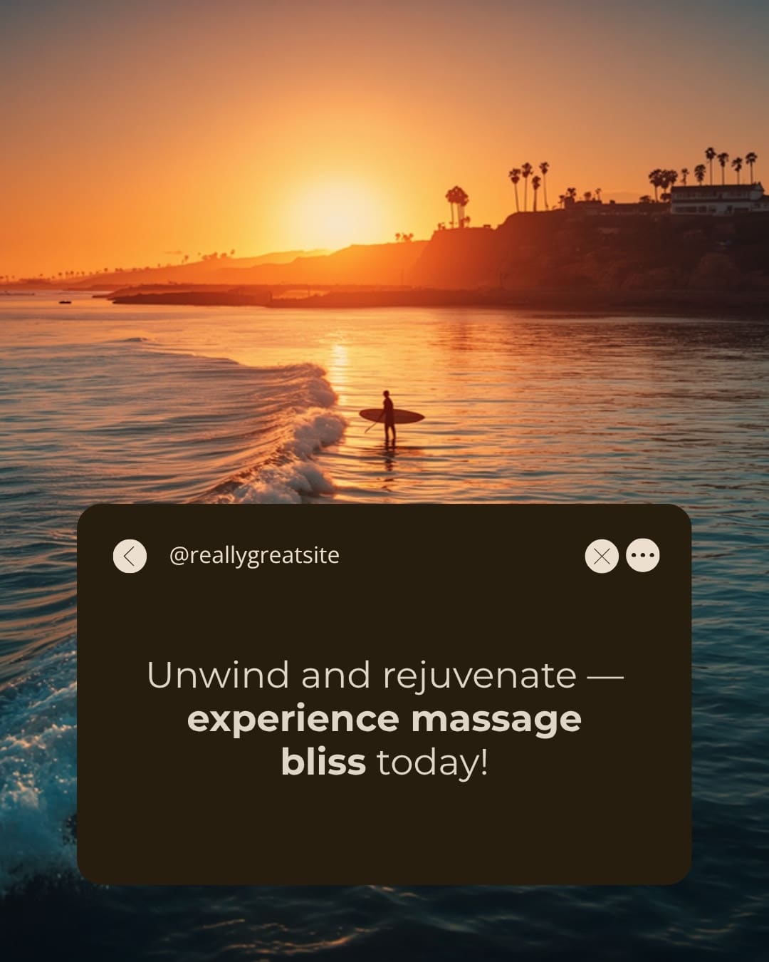 Massage for surfers in San Diego — silhouette of a surfer with a longboard wading into a glassy Pacific sunset