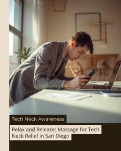 Massage for tech neck in San Diego — therapist working on a client’s neck and shoulders to relieve forward-head posture from screens.