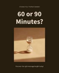 60 vs 90 minute massage — hourglass on a warm sandy background with the headline 60 or 90 minutes?