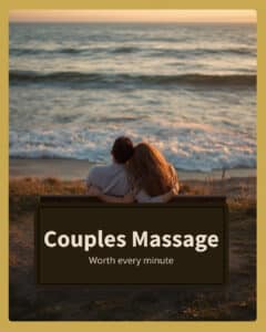 Couple relaxing together on a bench overlooking the ocean at golden hour — is a couples massage worth it