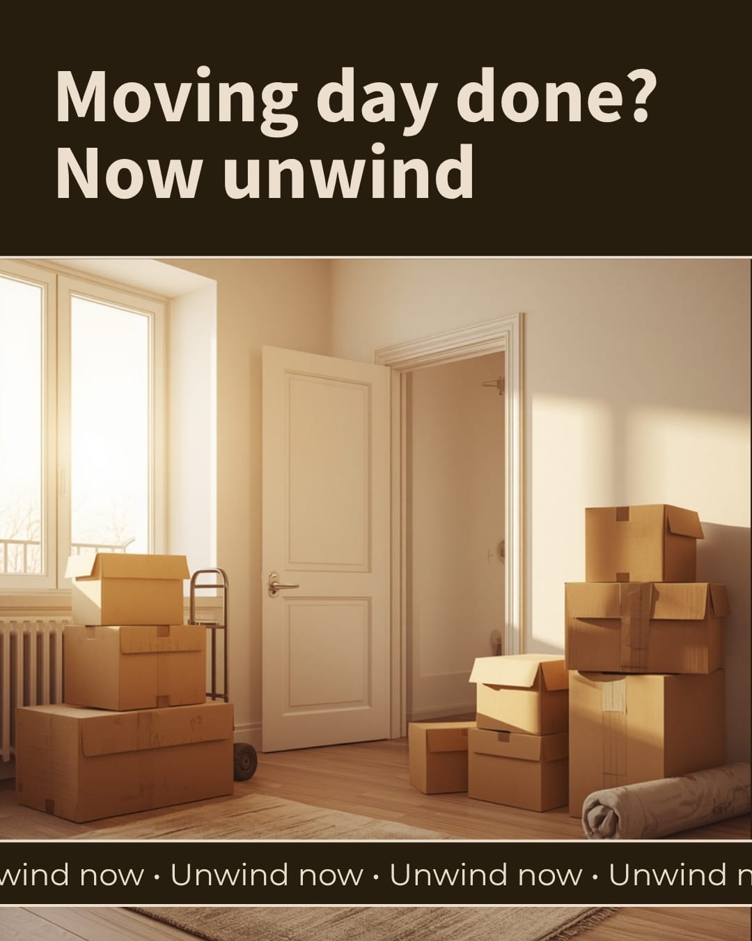 Moving boxes and a hand truck in a sunlit new apartment — when to book a massage after moving day