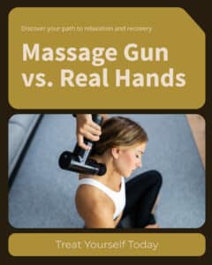 Massage gun vs massage therapist — person using a percussion massage gun on her neck