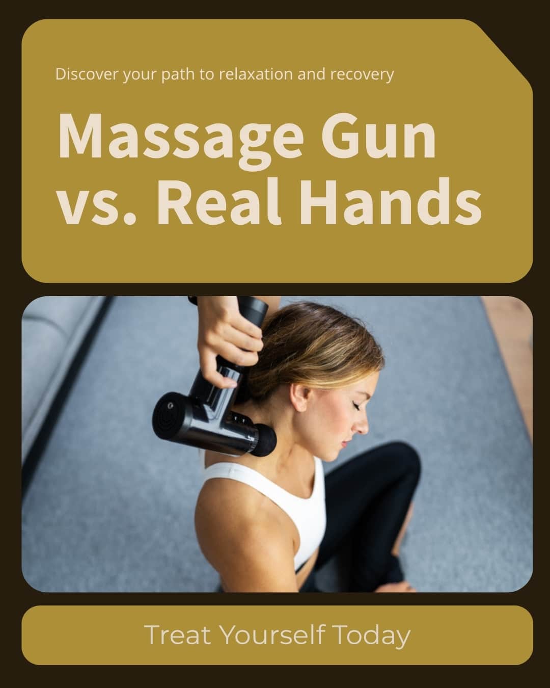 Massage gun vs massage therapist — person using a percussion massage gun on her neck