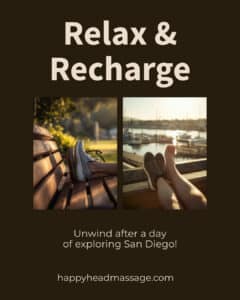 Feet propped up on a bench and harbor railing at golden hour — recovering from sore feet after walking all day in San Diego