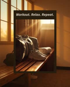 Gym bag, sneakers, and towel on a locker room bench at golden hour — timing your workout after a massage