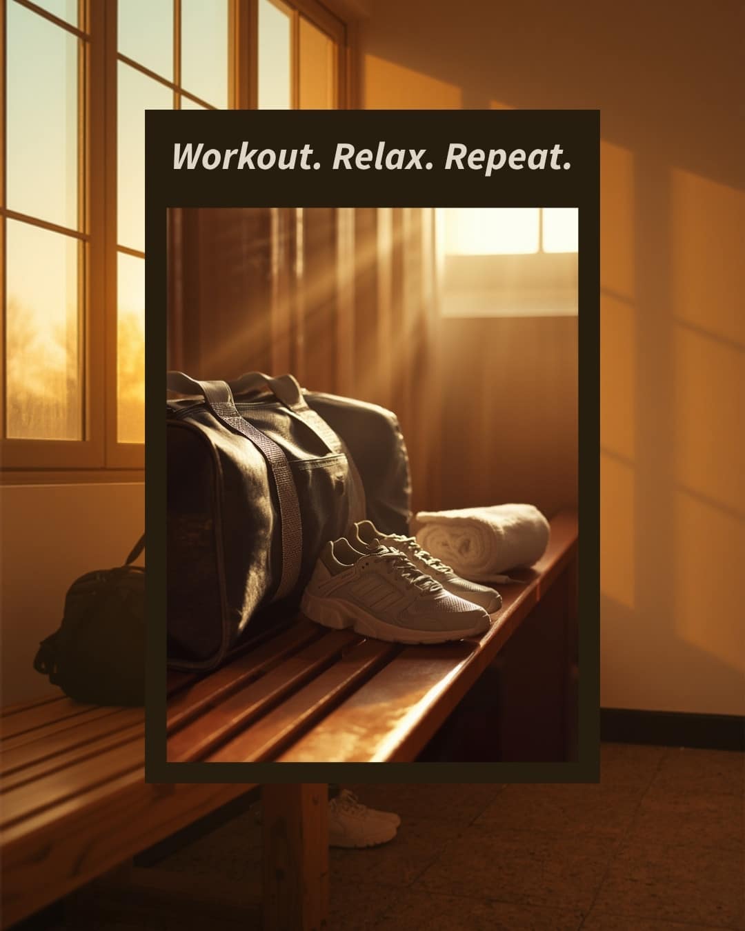 Gym bag, sneakers, and towel on a locker room bench at golden hour — timing your workout after a massage