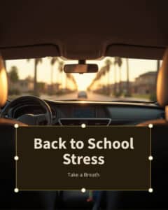 A parked car at golden hour on a palm-lined San Diego street — the quiet moment after school drop-off, and a reminder to handle back to school stress.