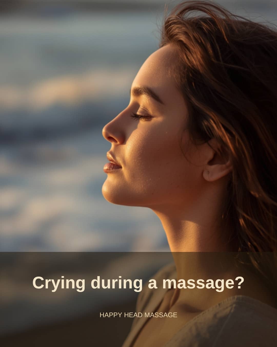 Crying during a massage — serene woman with eyes closed at golden hour by the ocean, Happy Head Massage