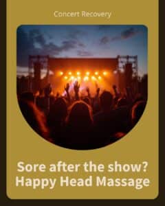 Outdoor summer concert crowd at dusk with hands raised under amber stage lights — recovering when you're sore after a concert