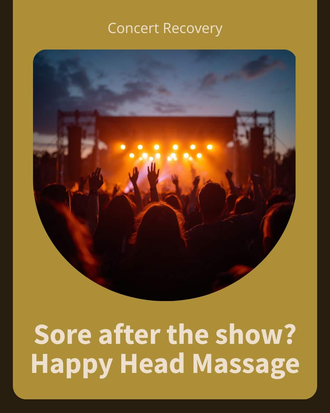 Outdoor summer concert crowd at dusk with hands raised under amber stage lights — recovering when you're sore after a concert