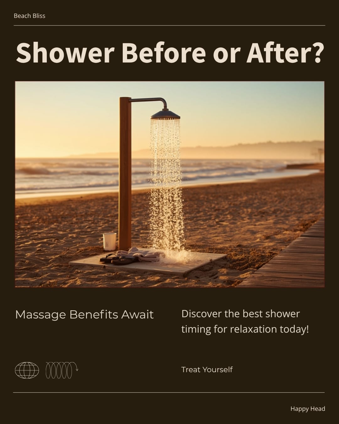 Outdoor beach shower at golden hour — should you shower before or after a massage