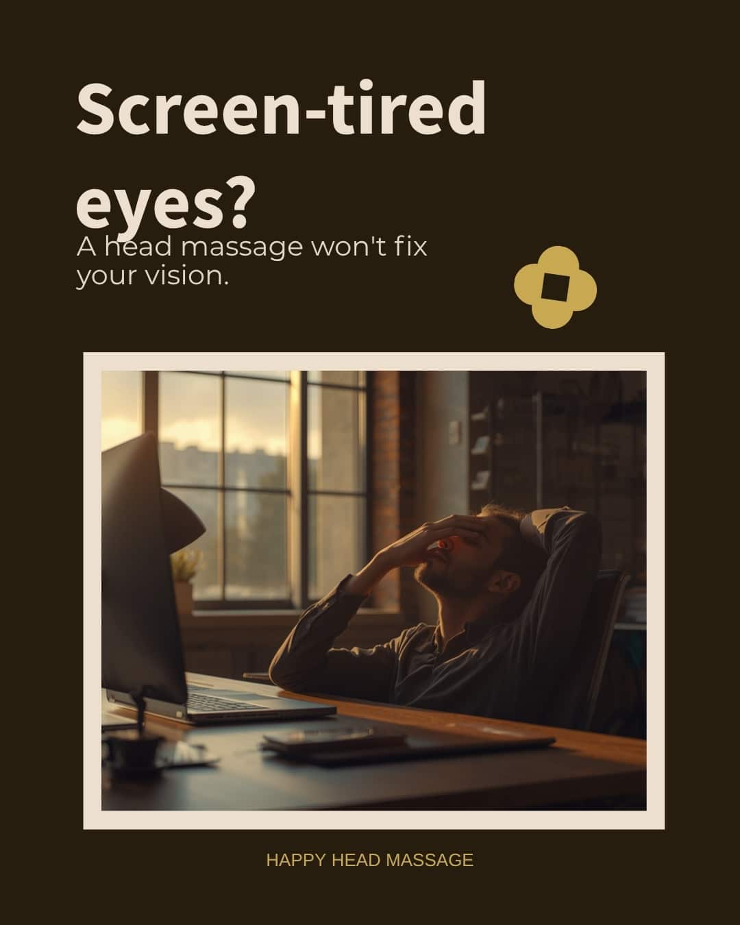 Tired office worker rubbing their eyes at a desk, illustrating what a head massage can and cannot help