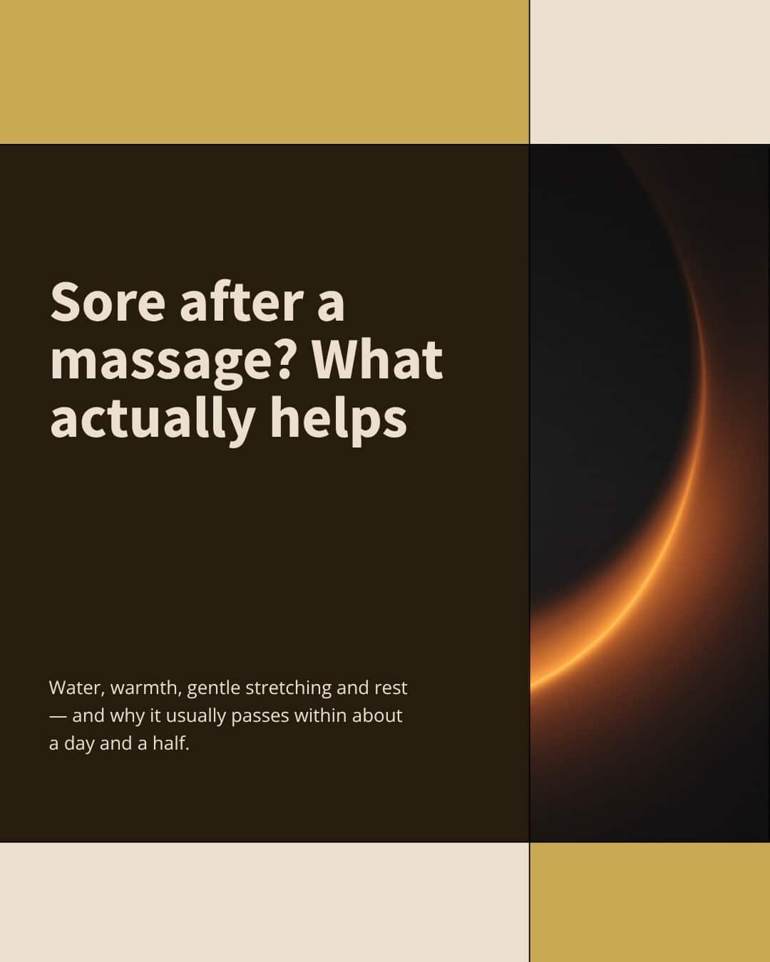 Warm amber light fading across a dark background, illustrating mild soreness after a massage easing over a day
