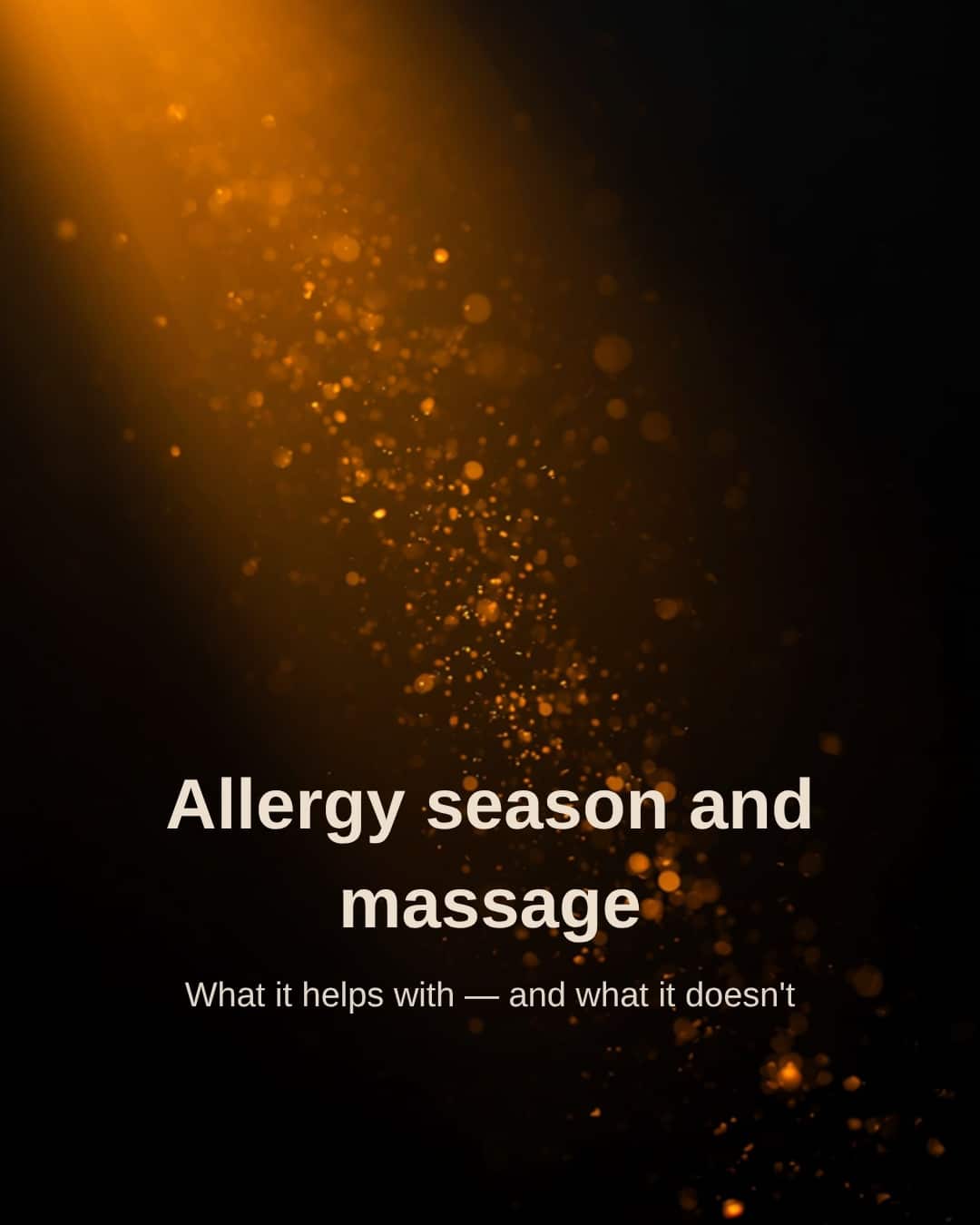 Golden pollen particles drifting in warm backlit air, illustrating allergy season