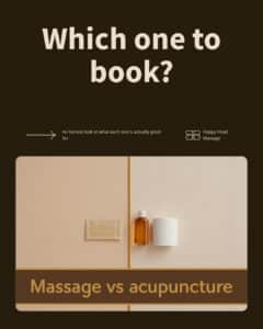 Massage vs acupuncture: fine acupuncture needles beside massage oil and a towel