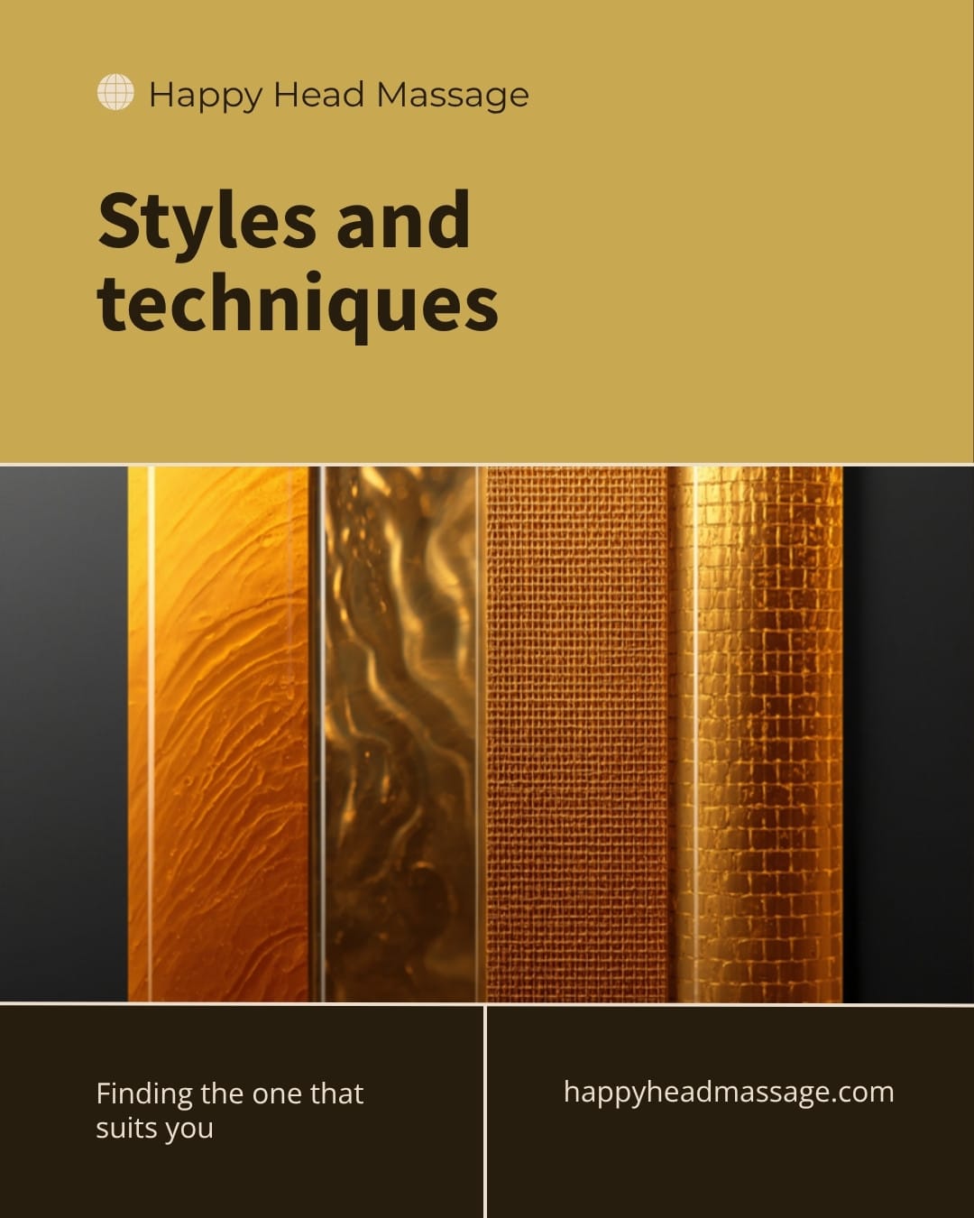 Four textured gold bands side by side, representing different massage styles and techniques
