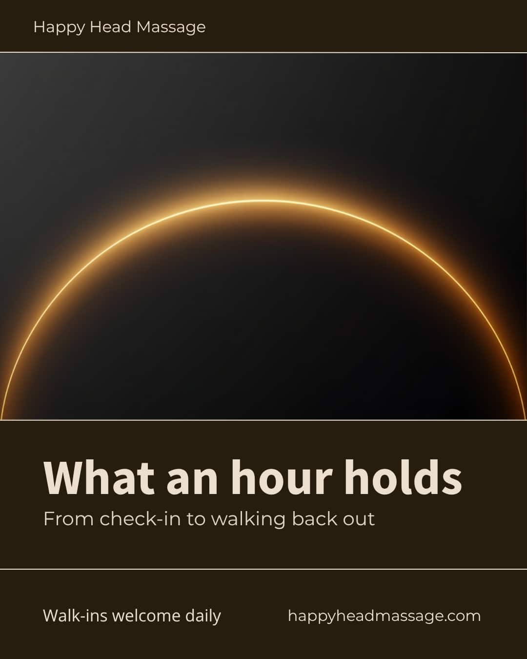 Amber arc of light sweeping across a dark background, illustrating what to expect during a massage hour