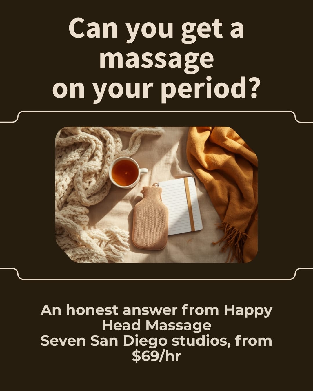 Warm flat lay with tea, blanket and hot water bottle illustrating a massage on your period