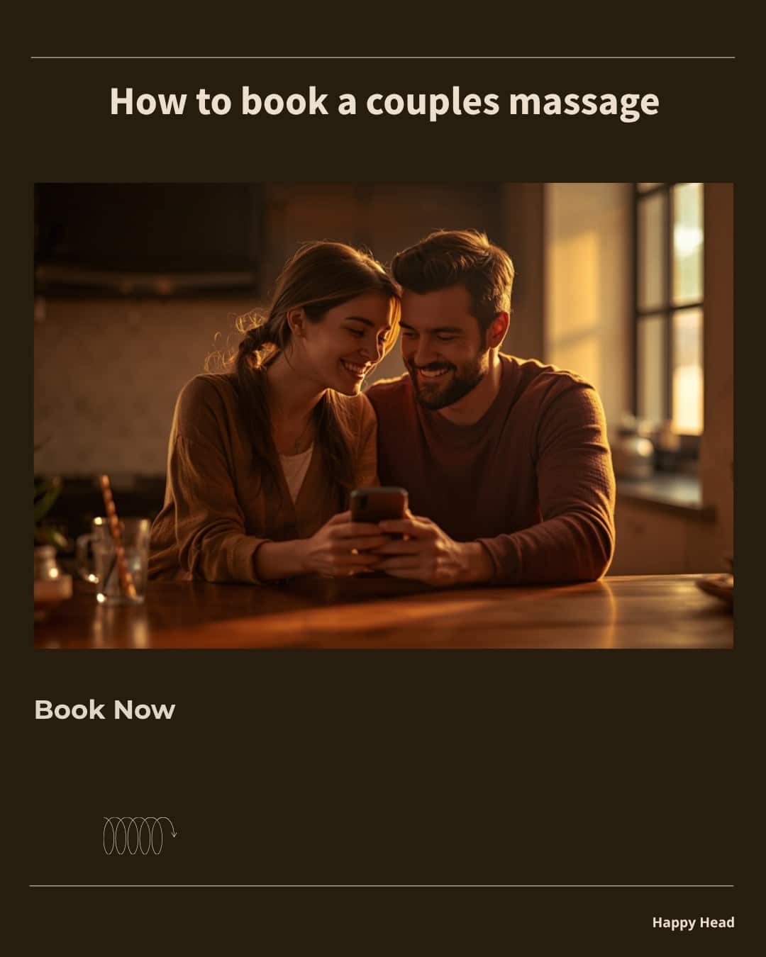 How to book a couples massage: a couple sitting together at a kitchen counter in warm light, looking at a phone to make a booking