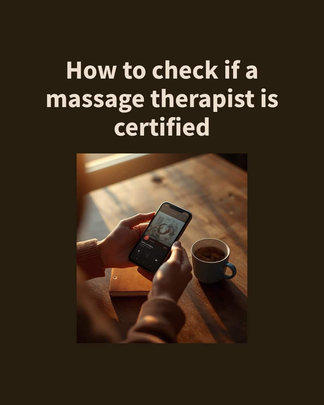 How to check if a massage therapist is certified: hands holding a phone at a sunlit wooden table, looking up a certification record