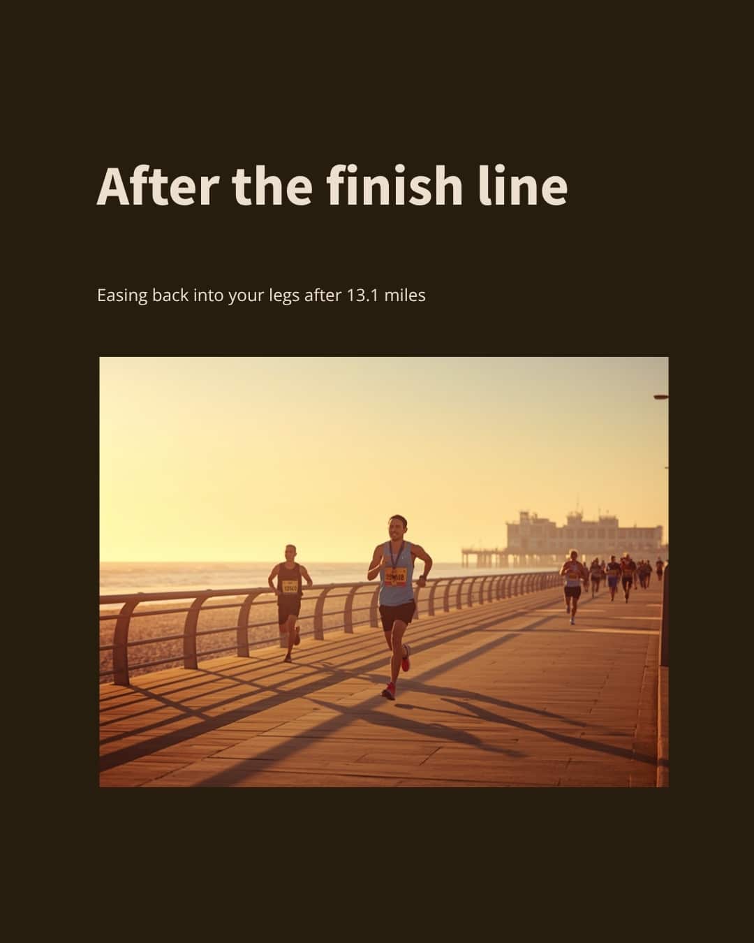 Runners finishing on a sunny beachfront boardwalk, a reminder to plan massage after a half marathon