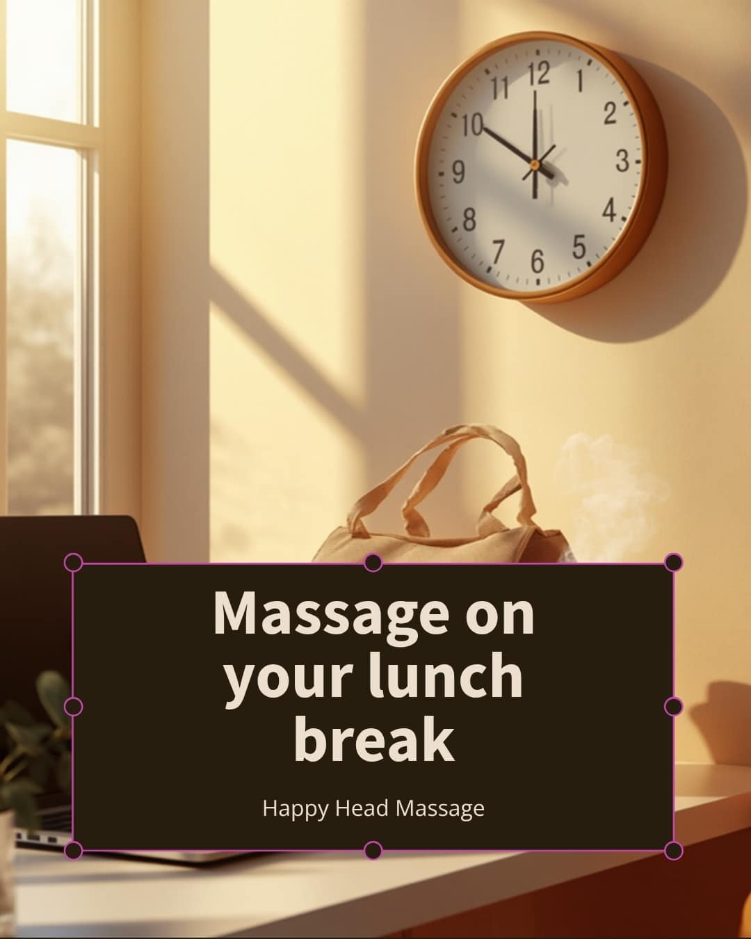 Office desk at midday with a lunch bag and wall clock, illustrating a massage on your lunch break